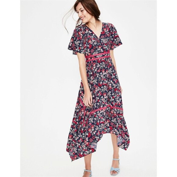 Boden Holly Hanky Hem Floral Midi Dress With Asymmetrical Hem‎ Sz 10 - Picture 1 of 7